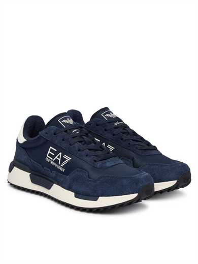 Ea7 Unısex Düşük Bilekli Rahat Tabanlı Süet Detaylı EA7 Logo Desenli Deri Lacivert Sneaker 7X000380 AF19175-MZ157