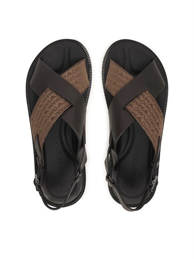 Emporıo Armani Erkek %100 Deri ve Jakarlı Çapraz Bantlı Kahverengi Sandalet EM004323 AF25617-M6354