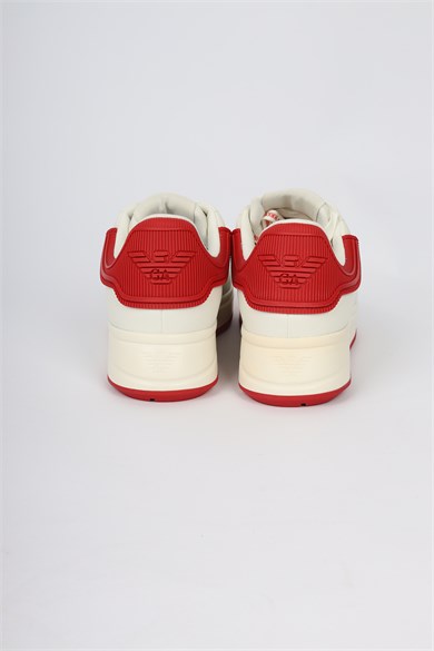 Emporıo Armani Erkek Bağlamalı Orta Kalın Taban Deri Ekru-Kırmızı Sneaker EM003663 AF18212-M0460