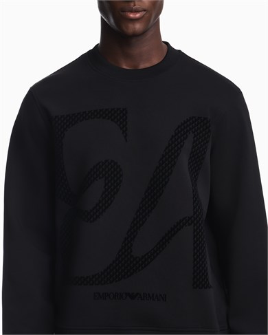 Emporıo Armani Erkek Büyük Kadife Logo Detaylı Pamuklu Çift Jarse Kumaşlı Uzun Kollu Siyah Sweatshirt EM006841 AF10013-MC722