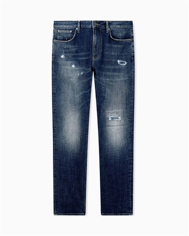 Emporıo Armani Erkek Dar Kesim Eskitme Desenli Düz Paça Denim Lacivert Jeans EM000121 AF27790-MB002