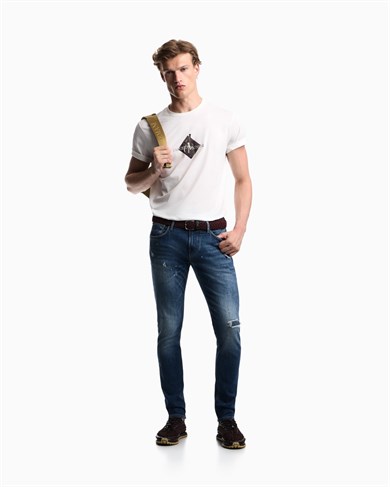 Emporıo Armani Erkek Dar Kesim Eskitme Desenli Düz Paça Denim Lacivert Jeans EM000121 AF27790-MB002