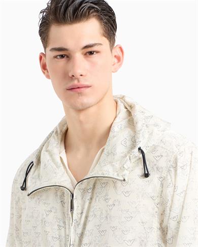 Emporıo Armani Erkek Kapüşonlu Fermuarlı Kartal Desenli Beyaz Ceket EM002006 AF12021-MB046