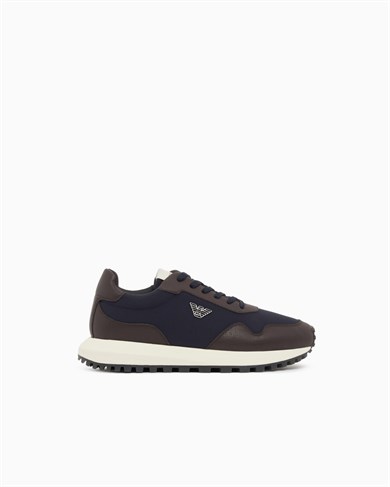 Emporıo Armani Erkek Metalik Kartal Logolu Düşük Bilekli Nefes Alabilir Ön Yüzeyli Ortopedik Taban Lacivert-Kahverengi Sneaker EM003738 AF19532-M6494