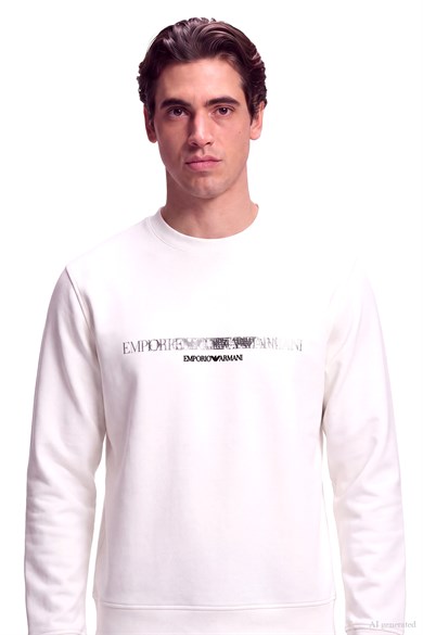 Emporıo Armani Erkek Normal Kalıp Yuvarlak Yakalı Logo Detaylı Pamuklu Çift Jarse Kumaşlı Beyaz Sweatshirt EM007352 AF10013-M0497