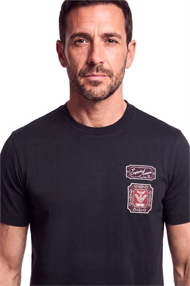 Emporıo Armani Erkek Normal Kalıp İşlemeli Logo Desenli Yuvarlak Yakalı Kalın Pamuklu Kumaşlu Kısa Kollu Lacivert T-Shirt EM007320 AF13715-UB118