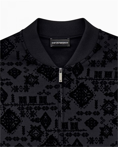 Emporıo Armani Erkek Normal Kalıp Kadife Logo Baskılı Uzun Kollu Yumuşak Pamuklu Fermuarlı Siyah1 Sweatshirt EM006881 AF10013-FC377