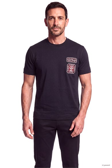 Emporıo Armani Erkek Normal Kalıp İşlemeli Logo Desenli Yuvarlak Yakalı Kalın Pamuklu Kumaşlu Kısa Kollu Lacivert T-Shirt EM007320 AF13715-UB118