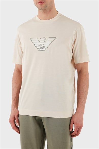 Emporio Armani Emporıo Armani Erkek Normal Kesim Yuvarlak Yaka Pamuklu Milano Baskılı Kısa Kollu Krem T-Shirt EM001033 AF10017-M1089