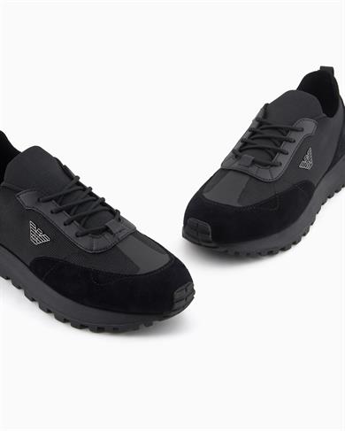 Emporıo Armani Erkek Örme ve Süet Detaylı Burunlu Kartal Logolu Yuvarlak Siyah Sneaker EM003739 AF19724-MC005