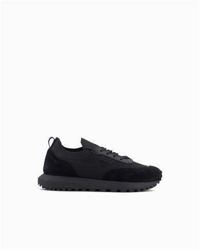 Emporıo Armani Erkek Örme ve Süet Detaylı Burunlu Kartal Logolu Yuvarlak Siyah Sneaker EM003739 AF19724-MC005