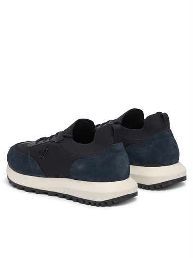 Emporıo Armani Erkek Örme ve Süet Detaylı Burunlu Kartal Logolu Yuvarlak Lacivert Sneaker EM003739 AF19724-MB562
