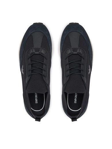 Emporıo Armani Erkek Örme ve Süet Detaylı Burunlu Kartal Logolu Yuvarlak Lacivert Sneaker EM003739 AF19724-MB562