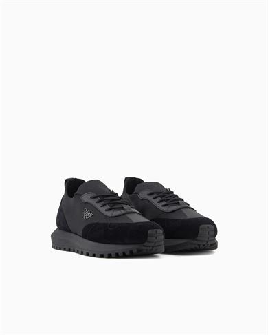 Emporıo Armani Erkek Örme ve Süet Detaylı Burunlu Kartal Logolu Yuvarlak Siyah Sneaker EM003739 AF19724-MC005