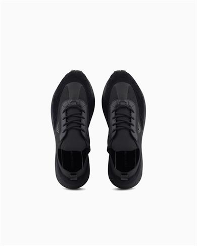 Emporıo Armani Erkek Örme ve Süet Detaylı Burunlu Kartal Logolu Yuvarlak Siyah Sneaker EM003739 AF19724-MC005