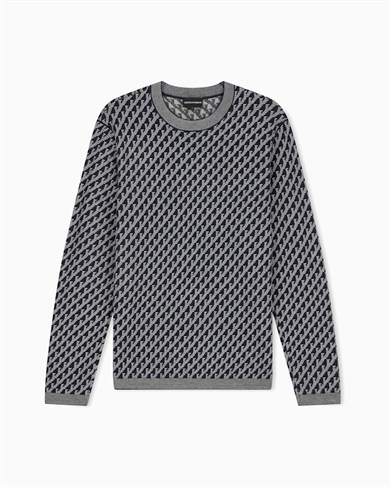 Emporıo Armani Erkek Saf Yün Jakar Logo Desenli Bisiklet Yaka Ribana Detaylı Uzun Kollu Lacivert Kazak EM006360 AF27946-FB066