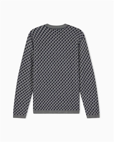 Emporıo Armani Erkek Saf Yün Jakar Logo Desenli Bisiklet Yaka Ribana Detaylı Uzun Kollu Lacivert Kazak EM006360 AF27946-FB066