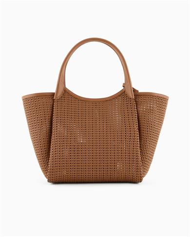 Emporıo Armani Kadın Metalik Logo Aksesuarlı Örgü Desenli Çıkarılabilir İç Bölmeli Kahverengi Omuz Çantası EW001009 AF14309-U6164