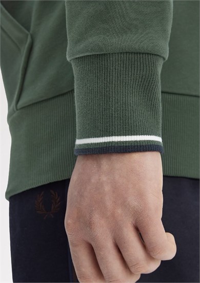 Fred Perry Erkek Normal Kalıp Logo İşlemeli Kapüşonlu %100 Pamuklu Uzun Kollu Yeşil Sweatshirt M2643-Z50