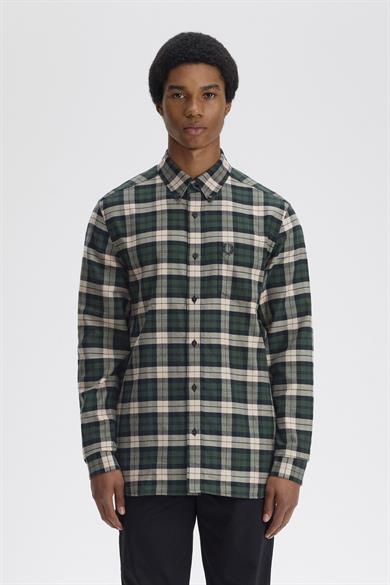 Fred Perry Erkek Normal Kalıp Kare Desenli Pamuklu Uzun Kollu Yeşil Gömlek M1754-X89