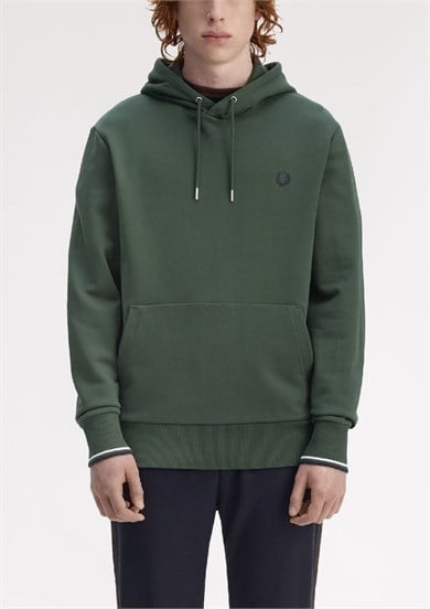 Fred Perry Erkek Normal Kalıp Logo İşlemeli Kapüşonlu %100 Pamuklu Uzun Kollu Yeşil Sweatshirt M2643-Z50