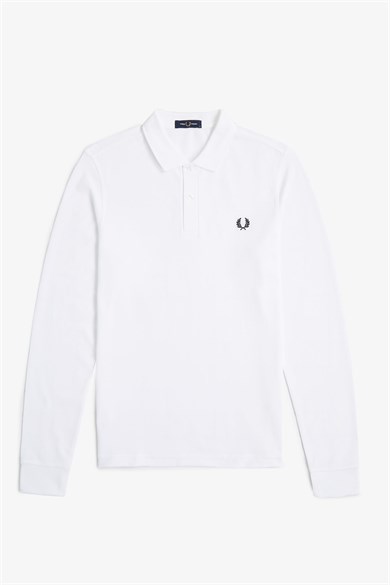 Fred Perry Erkek Normal Kesim Logo İşlemeli %100 Pamuklu Pike Kumaş Uzun Kollu Beyaz Polo Yaka T-Shirt M6006-100