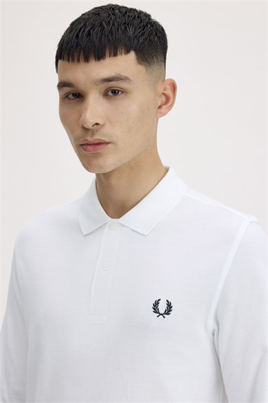 Fred Perry Erkek Normal Kesim Logo İşlemeli %100 Pamuklu Pike Kumaş Uzun Kollu Beyaz Polo Yaka T-Shirt M6006-100