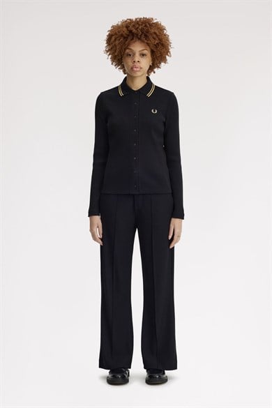 Fred Perry Kadın Normal Kesim Esnek Fitilli Triko Kumaş Pileli Geniş Paça Siyah Pantolon T2107-102