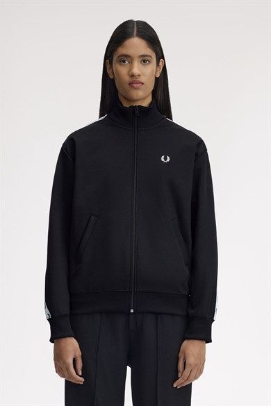 Fred Perry Kadın Omuzları Logo Detaylı Şerit Çizgili Dik Yakalı Uzun Kollu Siyah Ceket J1106-102