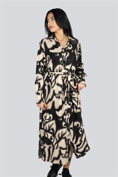 Guıtar Kadın Desenli Midi Boy Regular Fit Beli Lastikli Siyah-Bej Elbise IGU23792ELB-SİY/BEJ