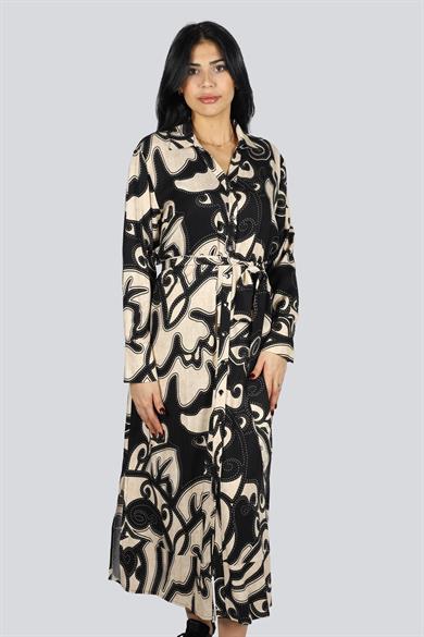Guıtar Kadın Desenli Midi Boy Regular Fit Beli Lastikli Siyah-Bej Elbise IGU23792ELB-SİY/BEJ