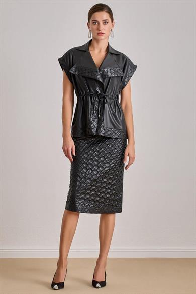 Guıtar Kadın Normal Kesim Geometrik İşlemeli Deri Siyah Etek 25581-SKIRT-SİYAH