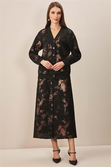 Guıtar Kadın Rahat Kalıp Düğmeli Desenli Uzun Kollu Siyah-Bronz Ceket 24763-CARDIGAN-SIY/BRO