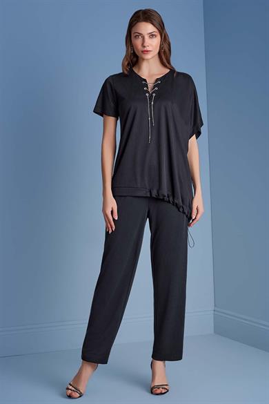 Guıtar Kadın Rahat Kalıp İp Bağlamalı V Yaka Beli Büzgülü Kısa Kollu Siyah Bluz 25081-BLOUSE-010