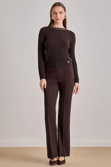 Guıtar Kadın Regular Fit Normal Bel Pileli Geniş Paça Kahverengi Pantolon 25522-PANT-KAHVERENGİ