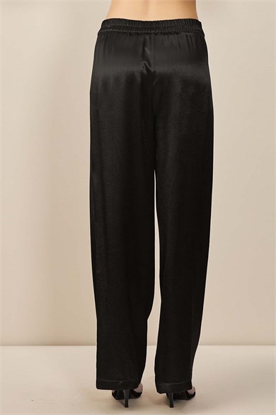 Guıtar Kadın Yüksek Bel Saten Parlak Kumaş Geniş Paça Siyah Pantolon 24585-PANT-SİYAH