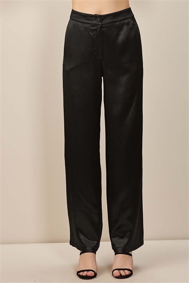 Guıtar Kadın Yüksek Bel Saten Parlak Kumaş Geniş Paça Siyah Pantolon 24585-PANT-SİYAH