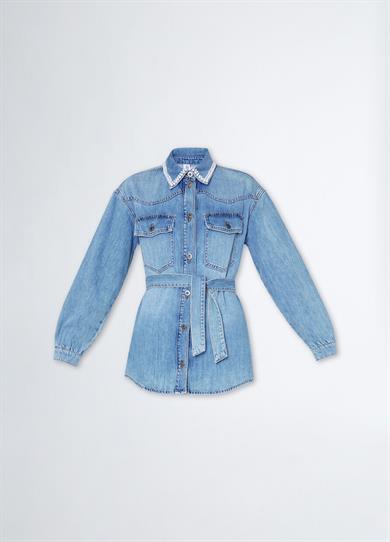 Lıu Jo Kadın Denim Kumaş Gömlek Yakalı Cep Detaylı Mavi Ceket UA3186DS031-78289