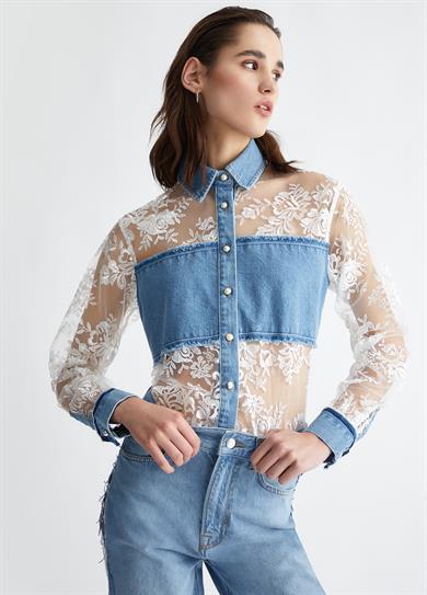 Lıu Jo Kadın Desenli Gömlek Yaka Uzun Kollu Lacivert Bluz UA4184D4885-78681