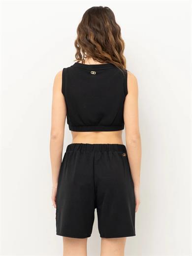 Lıu Jo Kadın Kısa Kollu Crop Boy Yuvarlak Yaka Üçlü İp Geçme Detay Siyah Bluz TA5270J4869-22222