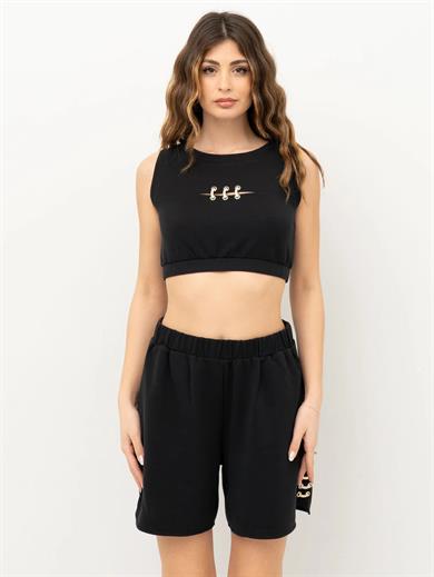 Lıu Jo Kadın Kısa Kollu Crop Boy Yuvarlak Yaka Üçlü İp Geçme Detay Siyah Bluz TA5270J4869-22222