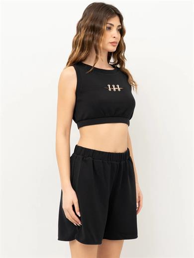 Lıu Jo Kadın Kısa Kollu Crop Boy Yuvarlak Yaka Üçlü İp Geçme Detay Siyah Bluz TA5270J4869-22222