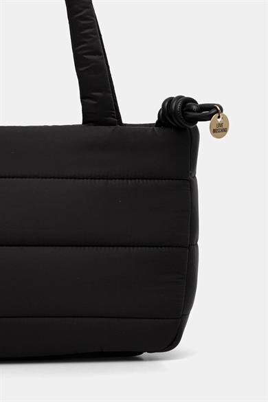 Love Moschino Kadın Kabartma Logolu Dokuma Kumaş Fermuarlı ve Uzun Askılı Siyah Omuz Çantası JC4350PP0NKY1-00A