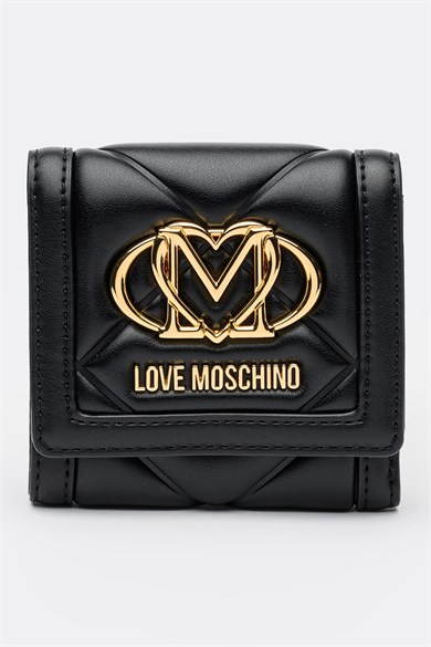 Love Moschino Kadın Metalik Logo Desenli Fermuar Bölmeli Hakiki Deri Siyah Cüzdan JC5647PP0NLC0-000