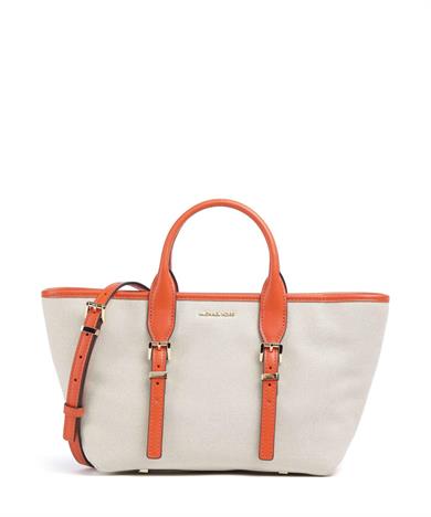 Michael Kors Kadın Çıkarılabilir ve Ayarlanabilir Omuz Askılı Ekstra İç Bölmeli Metalik Logo Kabartmalı Bej-Turuncu Omuz Çantası 30S5G9OS1C-ORNGPNCH