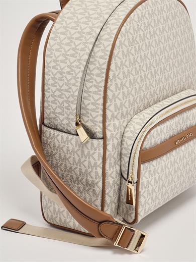 Michael Kors Kadın MK Yazı Desen Ön Küçük Fermuarlı Bölüm Ayarlanabilir Askı Deri Bej Sırt Çantası 30S4G8XB2B-VANILACRN