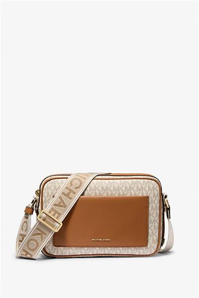 Michael Kors Kadın MK Yazı Desen Ön Bölüm Deri Cep Ayarlanabilir Askı Bej Omuz Çantası 32R5G5VC9B-VANILACRN