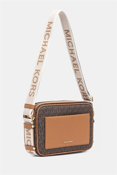 Michael Kors Kadın MK Yazı Desen Ön Bölüm Deri Cep Ayarlanabilir Askı Kahverengi Omuz Çantası 32R5G5VC9B-BRNACORN