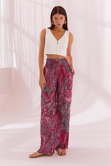 Naar Kadın Rahat Kalıp Beli Lastikli ve İp Bağlamalı Geniş Paça Kırmızı Pantolon NAAR12233-VİŞNE