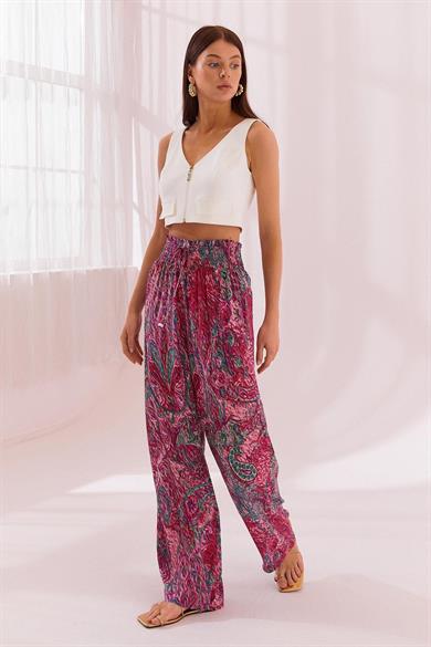 Naar Kadın Rahat Kalıp Beli Lastikli ve İp Bağlamalı Geniş Paça Kırmızı Pantolon NAAR12233-VİŞNE
